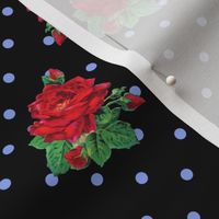 Red vintage roses blue polkadots on black - small