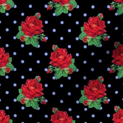 Red vintage roses blue polkadots on black - small