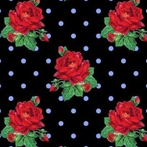 Red vintage roses blue polkadots on black - small