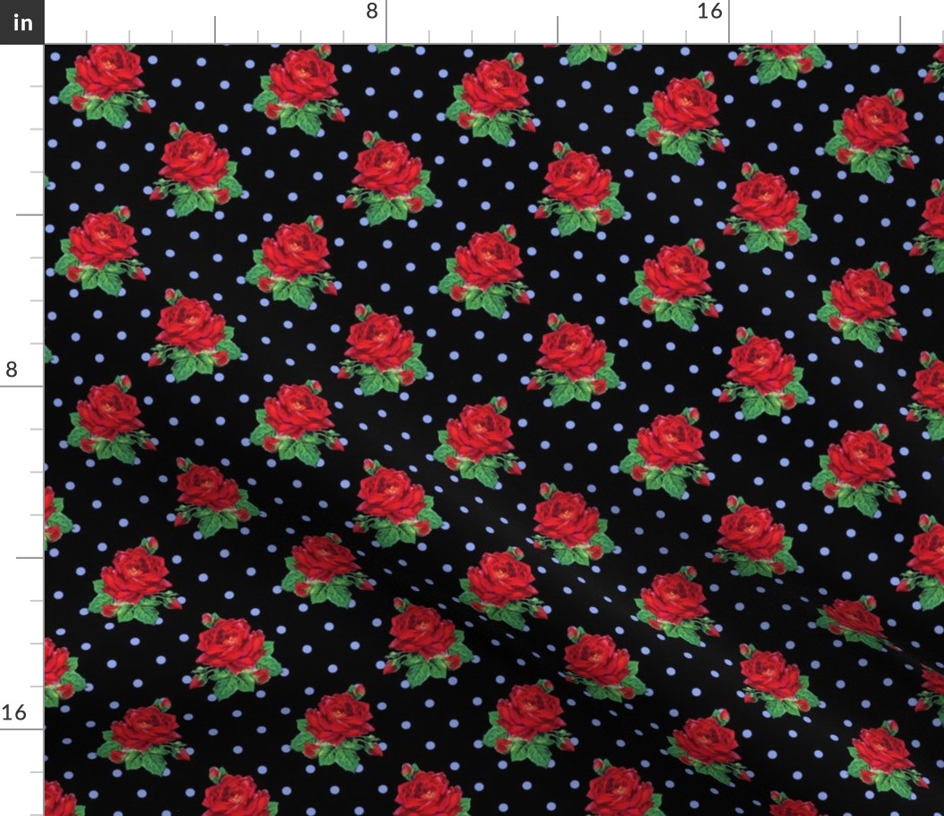 Red vintage roses blue polkadots on black - small