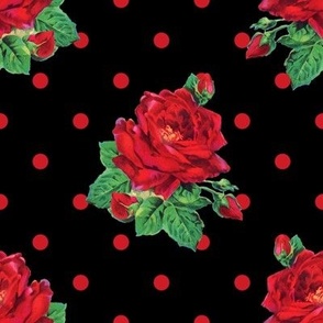 Red vintage roses red polkadots on black - large