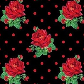 Red vintage roses red polkadots on black - medium