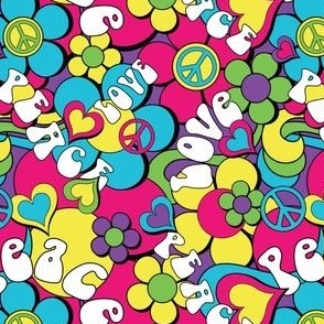 Retro Psychedelic Peace Flowers Hearts Small Print