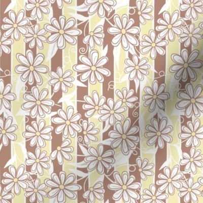 White and Lt Brown Daisies on Butter and Light Brown Stripes