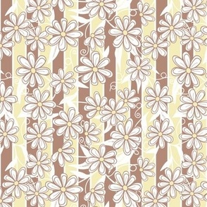 White and Lt Brown Daisies on Butter and Light Brown Stripes