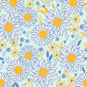 Doodle Daisies - blue & yellow