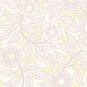 Soft Spring- Victorian Floral-Pink on Off White Background- Climbing Vine with Flowers- Pastel Pink- Pastel Yellow- Soft Pink- Soft Yellow- Nursery Wallpaper- William Morris Inspired- Large