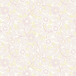 Soft Spring- Victorian Floral-Pink on Off White Background- Climbing Vine with Flowers- Pastel Pink- Pastel Yellow- Soft Pink- Soft Yellow- Nursery Wallpaper- William Morris Inspired- Small