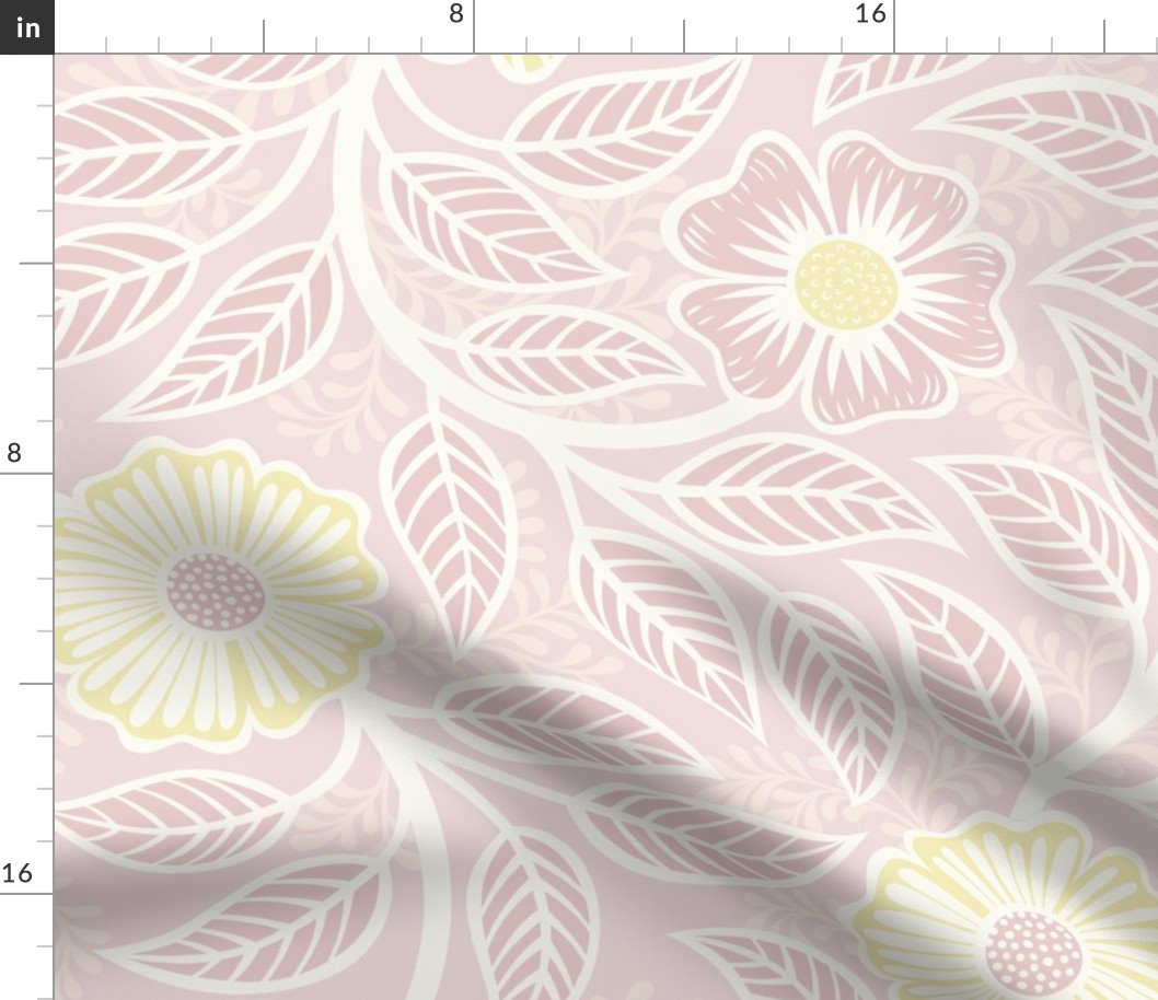 Soft Spring- Victorian Floral- Off White on Pink Background- Climbing Vine with Flowers- Pastel Pink- Pastel Yellow- Soft Pink- Soft Yellow- Nursery Wallpaper- William Morris Inspired- Extra Large