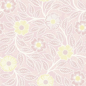 Soft Spring- Victorian Floral- Off White on Pink Background- Climbing Vine with Flowers- Pastel Pink- Pastel Yellow- Soft Pink- Soft Yellow- Nursery Wallpaper- William Morris Inspired- Medium