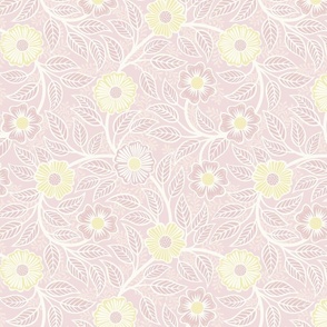 Soft Spring- Victorian Floral- Off White on Pink Background- Climbing Vine with Flowers- Pastel Pink- Pastel Yellow- Soft Pink- Soft Yellow- Nursery Wallpaper- William Morris Inspired- Small