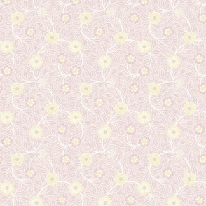 Soft Spring- Victorian Floral- Off White on Pink Background- Climbing Vine with Flowers- Pastel Pink- Pastel Yellow- Soft Pink- Soft Yellow- Nursery Wallpaper- William Morris Inspired- Mini
