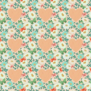 Floral with hearts & butterflies - peach