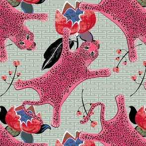 Pink leopard skin on graphic shapes green