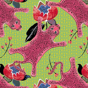 Pink leopard skin on graphic shapes yellow green