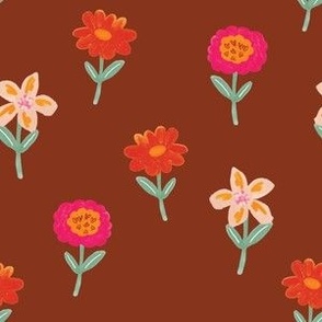 Hand Drawn Colorful Vibrant Floral with Stalks with Brown Background