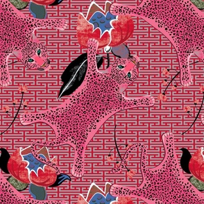 Pink leopard skin on graphic shapes red
