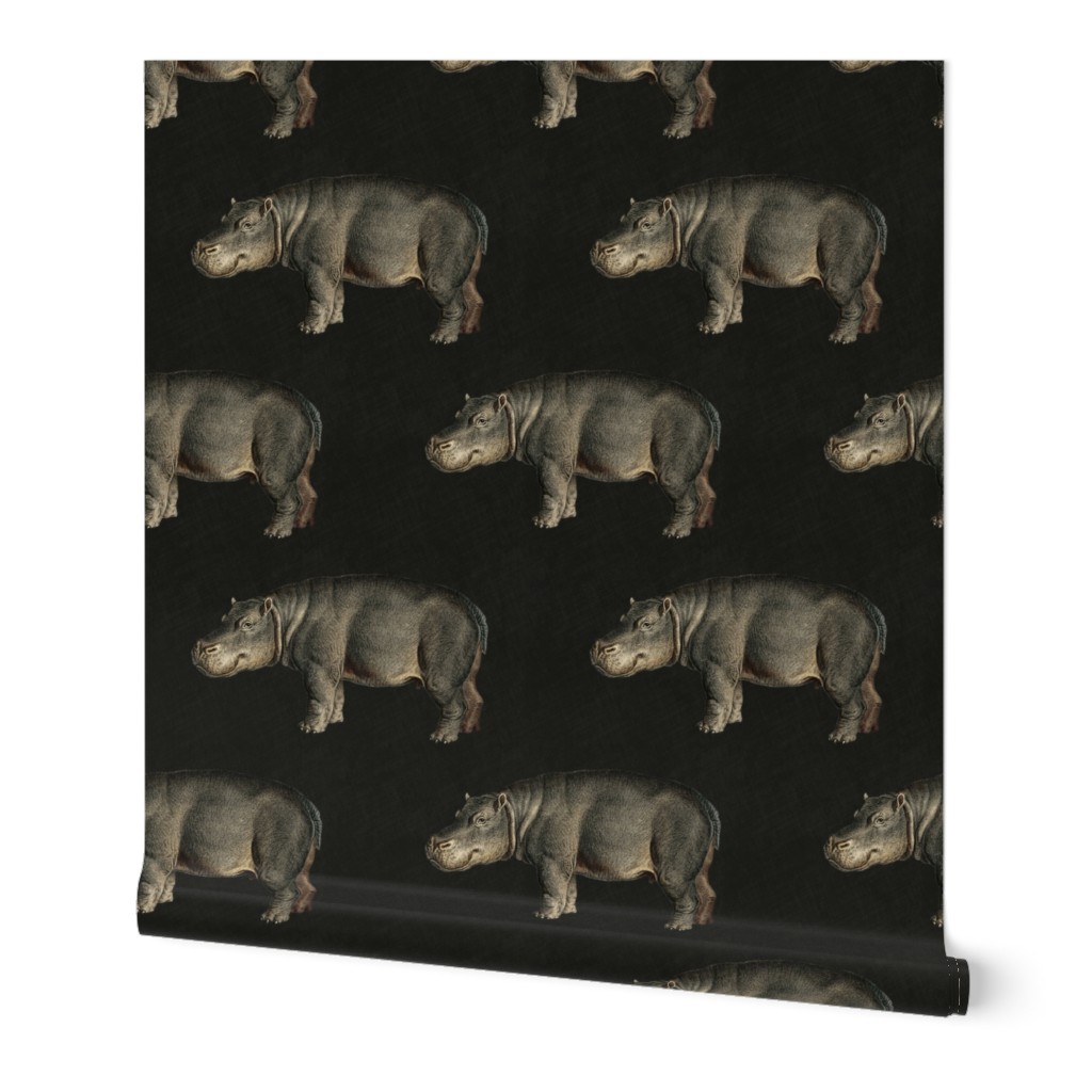 Vintage Hippos on solid dark umber color with linen texture