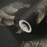 Vintage Hippos on solid dark umber color with linen texture