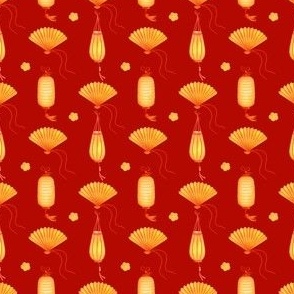 Chinese fan and paper lanterns on red background