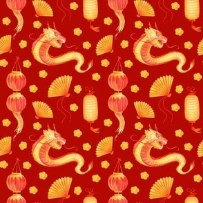 Dragon, fan and paper lanterns on red background