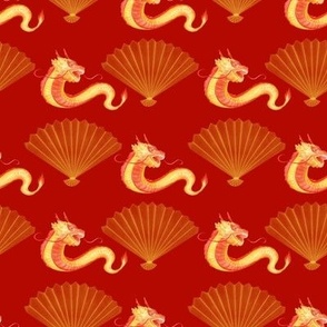Dragon and  fan  on red background