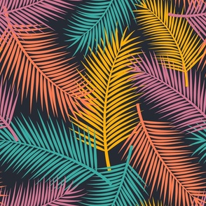 rainbow retro palm fronds, colorful vintage vibe tropical foliage, jungle rainforest hawaii palm tree leaves on dark almost  black background