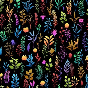 Abstract Colorful plants foliage leaves branches twigs wildflowers wild grasses in rainbow gradients colors over black moody texture