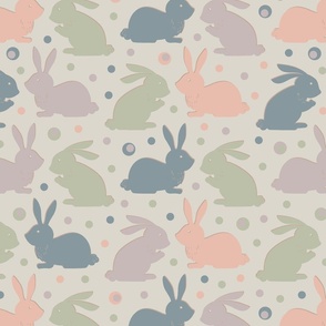 Large Beige Blue Peach Sage Cute Bunnies part of Earth Tone Kids Collection