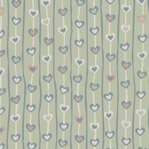 Large Sage Green Blue Hearts and lines part of Earth Tone Kids Collection 