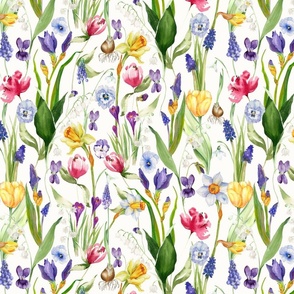 14" A beautiful springflower garden with daffodils, tulips, violets, pansies, bulbs and Iris on white background-nostalgic Wildflowers and Herbs home decor on white double layer,   Baby Girl and nursery fabric perfect for kidsroom wallpaper, kids room, ki