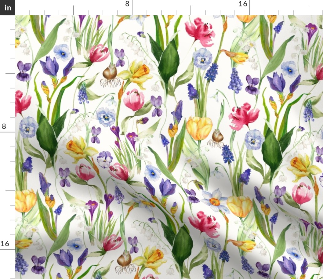 14" A beautiful springflower garden with daffodils, tulips, violets, pansies, bulbs and Iris on white background-nostalgic Wildflowers and Herbs home decor on white double layer,   Baby Girl and nursery fabric perfect for kidsroom wallpaper, kids room, ki