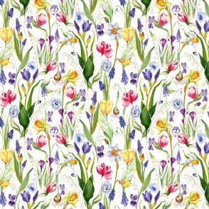 10" A beautiful springflower garden with daffodils, tulips, violets, pansies, bulbs and Iris on white background-nostalgic Wildflowers and Herbs home decor on white double layer,   Baby Girl and nursery fabric perfect for kidsroom wallpaper, kids room, ki