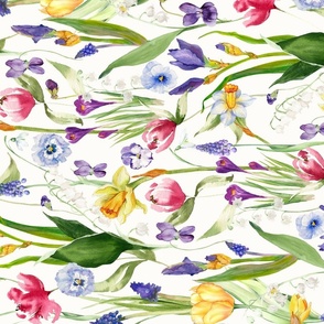 21" Turned left - A beautiful springflower garden with daffodils, tulips, violets, pansies, bulbs and Iris on white background-nostalgic Wildflowers and Herbs home decor on white double layer,   Baby Girl and nursery fabric perfect for kidsroom wallpaper,