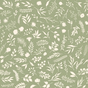 classic  nature plants and floral, elegant cottage core, country or  land house  style botanical repeat design with various branches twigs leaves herbs wildflowers wildherbs meadow and forest woodland woods foliage in sage olive muted pastel khaki green a