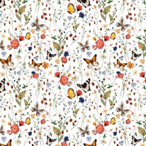 10"  a colorful summer red blue and black berries wildflower meadow  - nostalgic Wildflowers and Herbs home decor on white double layer,   Baby Girl and nursery fabric perfect for kidsroom wallpaper, kids room, kids decor single layer