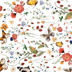 21" turned left -  a colorful summer red blue and black berries wildflower meadow  - nostalgic Wildflowers and Herbs home decor on white double layer,   Baby Girl and nursery fabric perfect for kidsroom wallpaper, kids room, kids decor single layer
