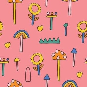 Colorful Retro Groovy Fun Mushroom and Botanical for Kids with Pink Background
