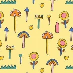 Colorful Retro Groovy Fun Mushroom and Botanical for Kids with Yellow Background