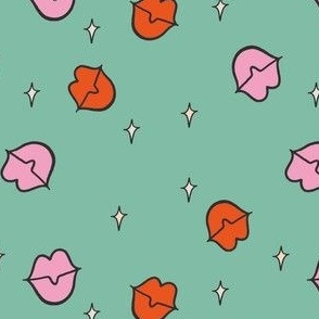 Colorful Hand Drawn Retro Groovy Lips with Mint Background
