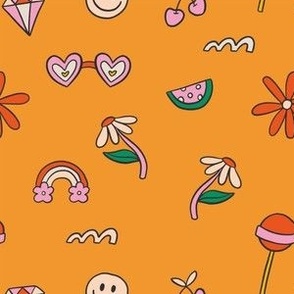 Colorful Hand Drawn Retro Groovy Elements in Orange Background