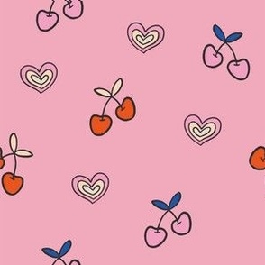 Colorful Hand Drawn Retro Groovy Cherries and Heart Shape with Pink Background