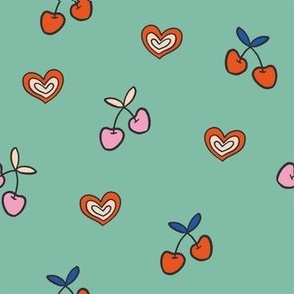 Colorful Hand Drawn Retro Groovy Cherries and Heart Shape with Teal Background