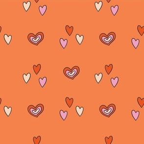 Colorful Hand Drawn Retro Groovy Love Heart Shapes in Orange Background