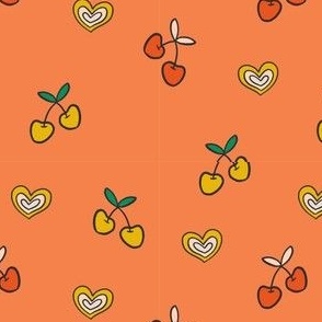 Colorful Hand Drawn Retro Groovy Cherries and Heart Shape with Orange Background