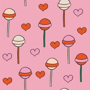 Colorful Hand Drawn Retro Groovy Lollipops  and Love Shape with Pink Background