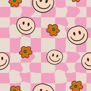 Colorful Hand Drawn Retro Groovy Psychedelic Pattern with Distortion Checkered and Smiley Face