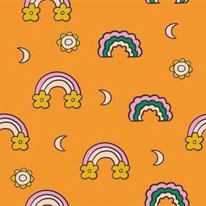 Colorful Hand Drawn Retro Groovy Floral Rainbow and Crescent Moon in Orange Background