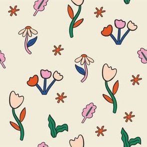 Colorful Hand Drawn Retro Groovy Cute Simple Floral Botanical in Ivory Background
