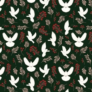 Small - Dark pattern with white peace doves and winter botanical illustrations